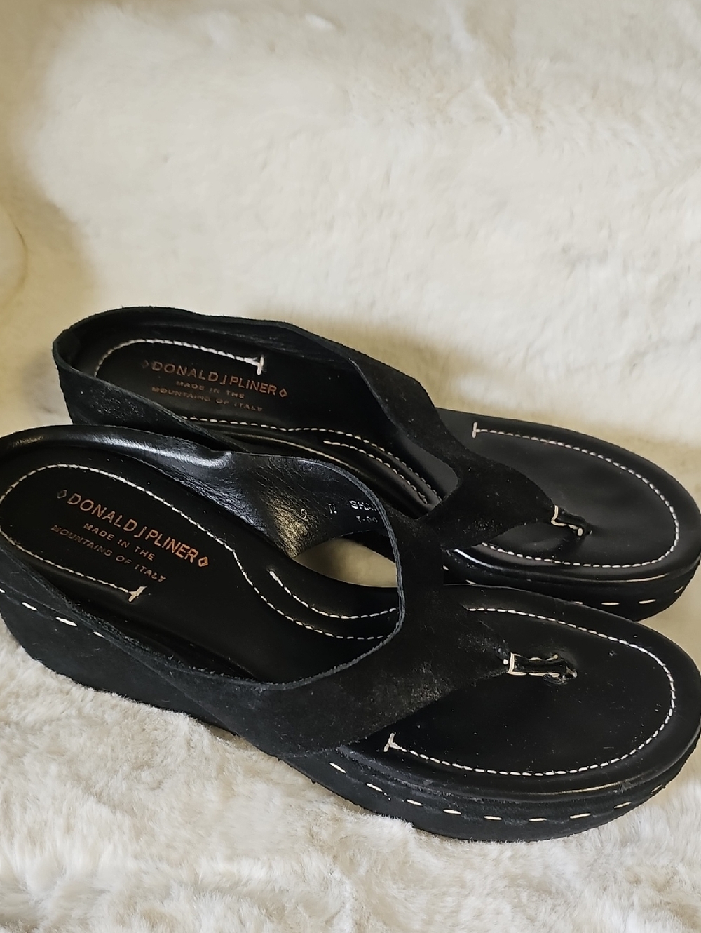 Donald J. Pliner Black Shana Suede Wedge Thong Sandals with White Stitching